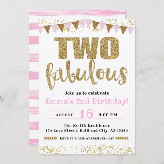 ガールズピンク&金ゴールド2歳の素晴らしい2回目の誕生日 招待状 (正面/裏面)