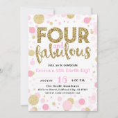 ガールズピンク&金ゴールド4歳と素晴らしい4歳の誕生日 招待状 (正面)