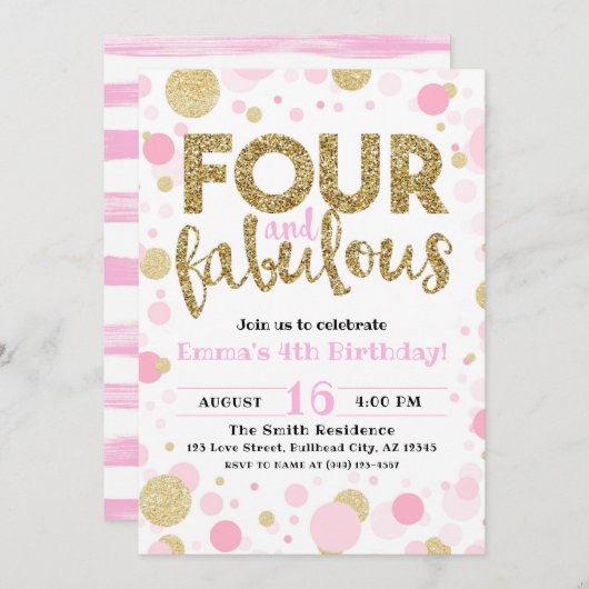 ガールズピンク&金ゴールド4歳と素晴らしい4歳の誕生日 招待状 (正面/裏面)