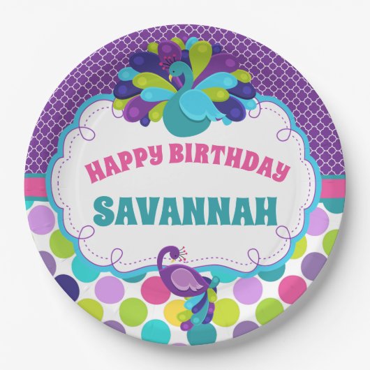 ガールズピーコックハッピーバースデーパーソナライズされたパーティー ペーパープレート (正面)