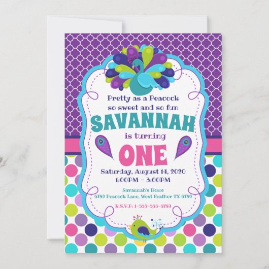 ガールズピーコックバースデーパーティーの招待 招待状 (正面)