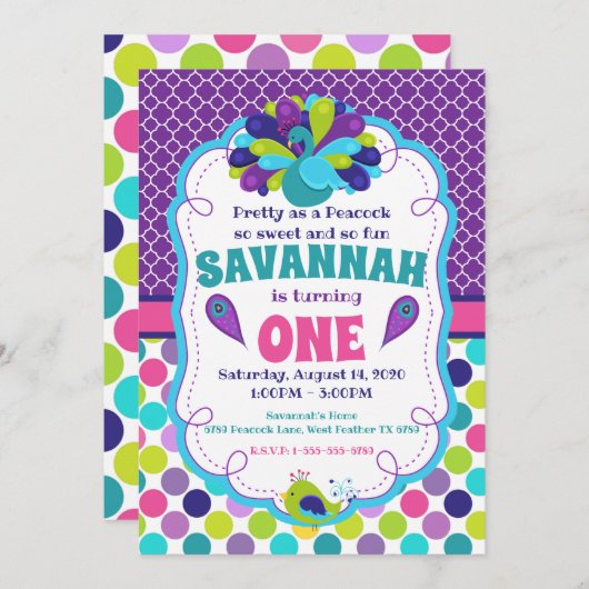 ガールズピーコックバースデーパーティーの招待 招待状 (正面/裏面)