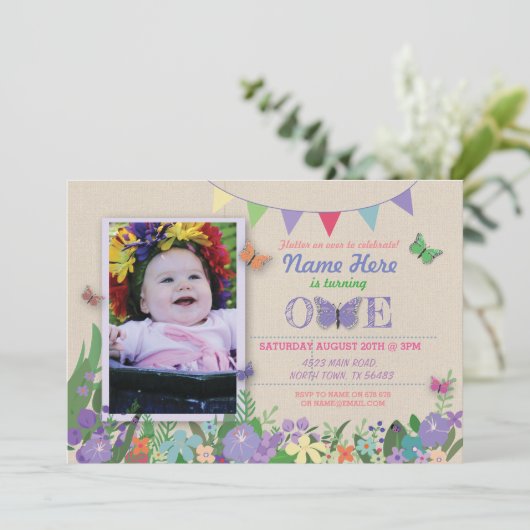 ガールズファーストバタフライガーデンワン誕生日招待状 招待状 (スタンド正面)