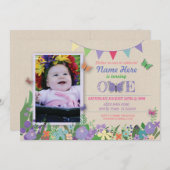 ガールズファーストバタフライガーデンワン誕生日招待状 招待状 (正面/裏面)