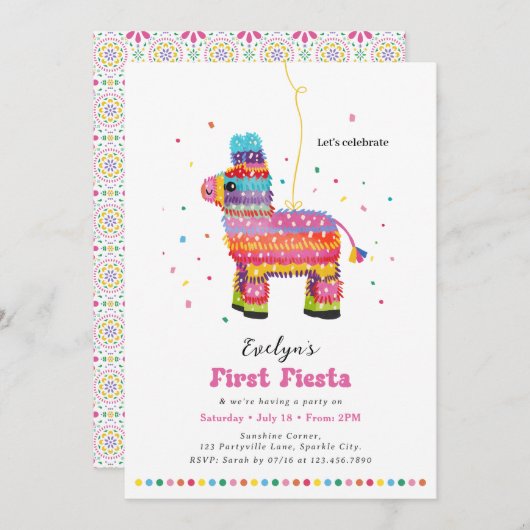 ガールズファーストフィエスタ誕生日ピニャータ招待状 招待状 (正面/裏面)