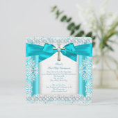 ガールズファーストホーリーコミューニオンホワイトティール(緑がかった色)ブルーパール 招待状 (スタンド正面)