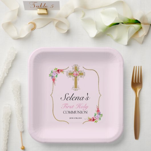ガールズファースト聖餐式かわいらしフローラ ペーパープレート (ウェディング)