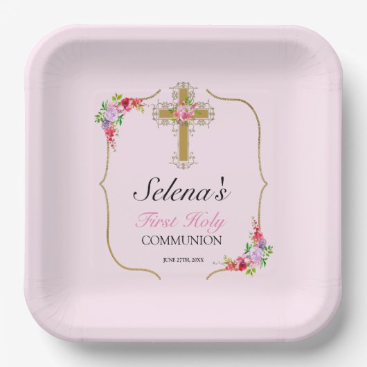 ガールズファースト聖餐式かわいらしフローラ ペーパープレート (正面)
