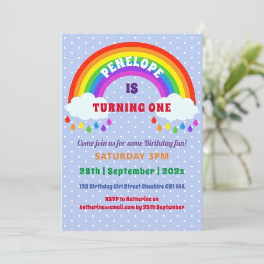 ガールズファースト誕生日かわいい虹 招待状 (スタンド正面)