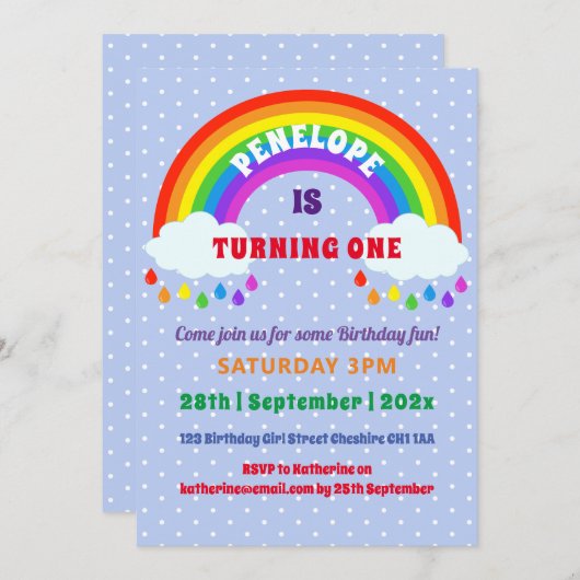 ガールズファースト誕生日かわいい虹 招待状 (正面/裏面)