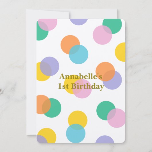 ガールズファースト誕生日カラフル水玉模様 招待状 (正面)