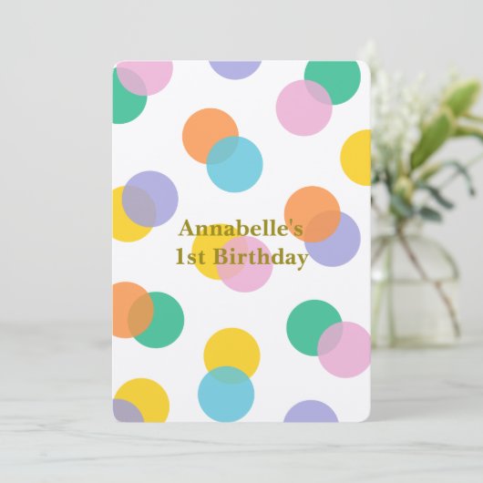 ガールズファースト誕生日カラフル水玉模様 招待状 (スタンド正面)