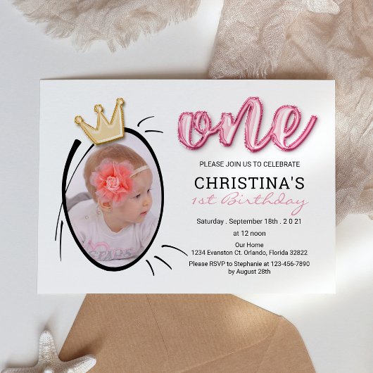 ガールズファースト誕生日パーティーかわいいプリンセス写真 招待状