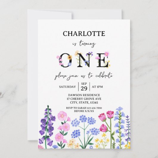 ガールズファースト誕生日ワイルドフラワーガーデンパーティー 招待状 (正面)