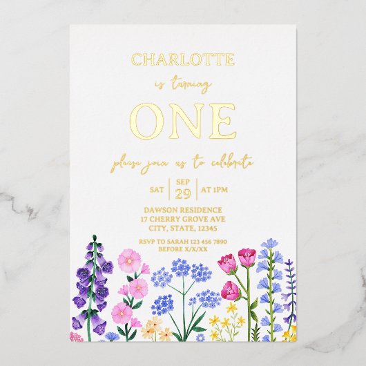 ガールズファースト誕生日ワイルドフラワーガーデンパーティー 箔招待状 (正面)