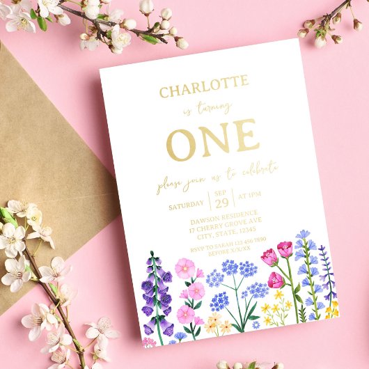 ガールズファースト誕生日ワイルドフラワーガーデンパーティー 箔招待状