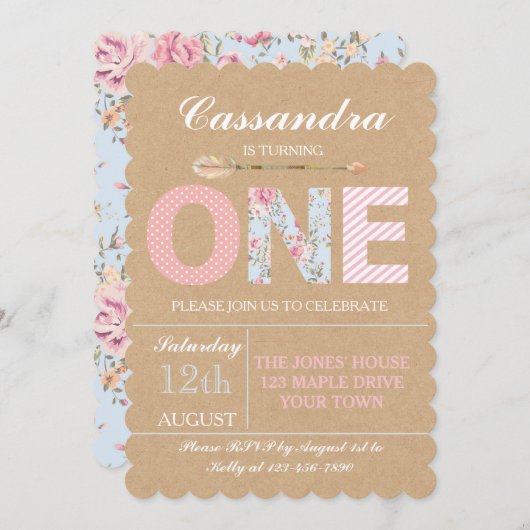 ガールズファースト誕生日招待状シャビーシック 招待状 (正面/裏面)