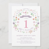 ガールズファースト誕生日招待状 – かわいい花模様 招待状 (正面)