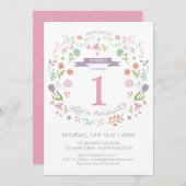 ガールズファースト誕生日招待状 – かわいい花模様 招待状 (正面/裏面)
