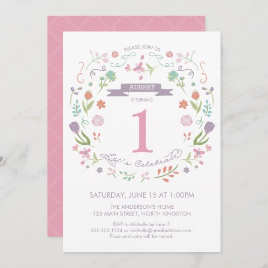 ガールズファースト誕生日招待状 – かわいい花模様 招待状 (正面/裏面)