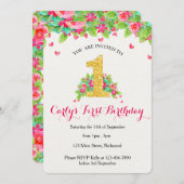 ガールズファースト誕生日招待状-ピンク&金ゴールド 招待状 (正面/裏面)