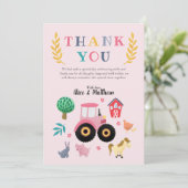 ガールズファームアニマルズピンクトラクター子供の誕生日 サンキューカード (スタンド正面)