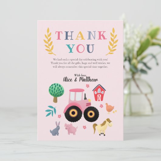 ガールズファームアニマルズピンクトラクター子供の誕生日 サンキューカード (スタンド正面)