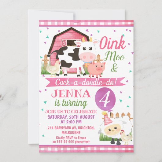 ガールズファームアニマルズ誕生日招待状 招待状 (正面)
