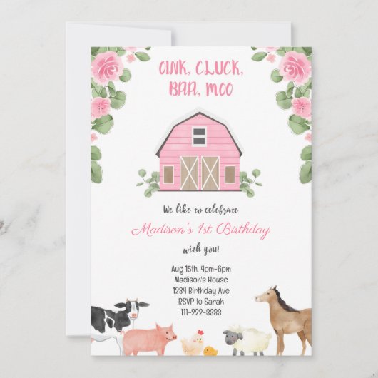 ガールズファームピンク納屋周囲の庭誕生日パーティーの招待 招待状 (正面)