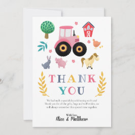 ガールズファーム動物ピンクトラクター素朴ベビーシャワー サンキューカード