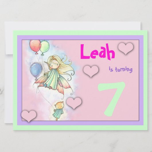 ガールズフェアリーと子猫バースデーパーティー招待状 招待状 (正面)