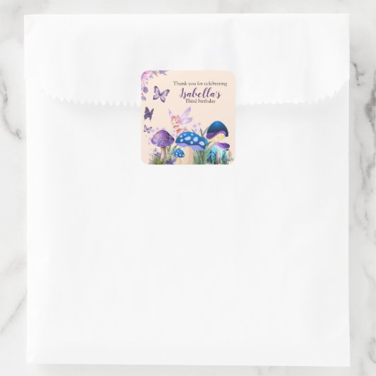 ガールズフェアリーパープルマッシュルームバタフライ誕生日 スクエアシール (バッグ)