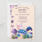 ガールズフェアリーパープルマッシュルームバタフライ誕生日 招待状 (正面)