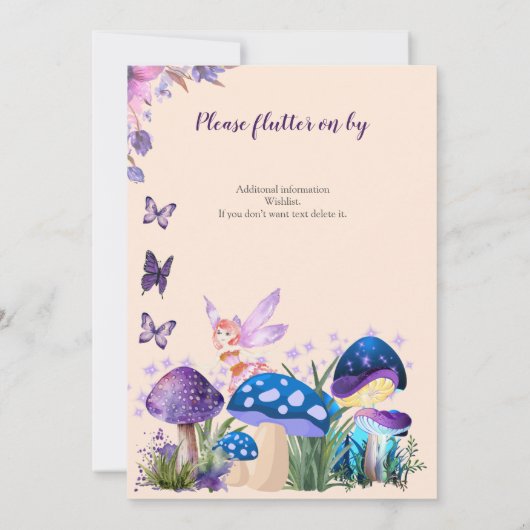 ガールズフェアリーパープルマッシュルームバタフライ誕生日 招待状 (裏面)