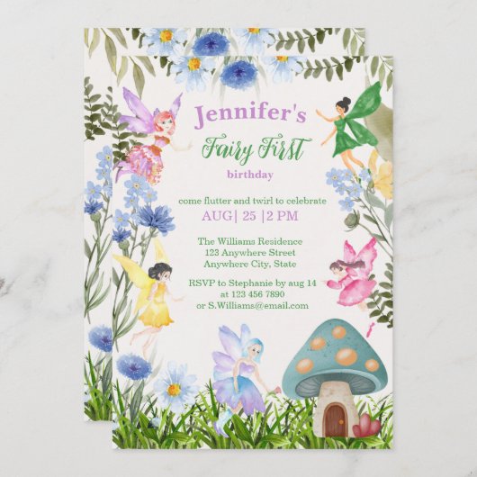 ガールズフェアリーファースト誕生日妖精と花 招待状 (正面/裏面)