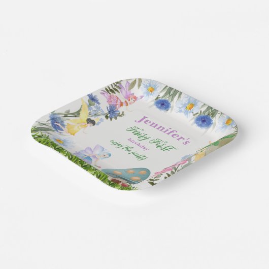 ガールズフェアリー誕生日妖精と花任意の年齢 ペーパープレート (傾斜あり)