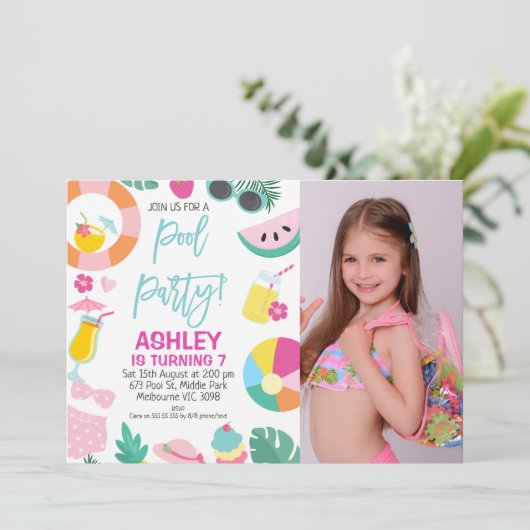 ガールズフォトサマープールパーティー誕生日招待状 招待状 (スタンド正面)