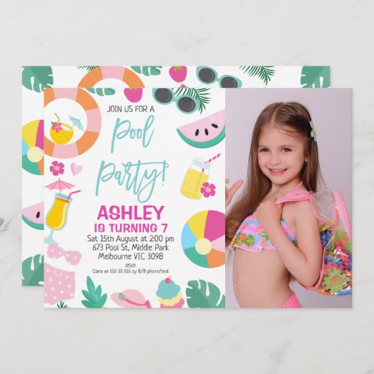 ガールズフォトサマープールパーティー誕生日招待状 招待状 (正面/裏面)