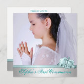 ガールズフォトティール（緑がかった色）ブルーファーストコミュニオン 招待状 (正面/裏面)