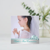 ガールズフォトティール（緑がかった色）ブルーファーストコミュニオン 招待状 (スタンド正面)