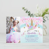 ガールズフォトピンクボウユニコーン誕生日招待状 招待状 (スタンド正面)