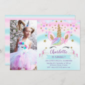 ガールズフォトピンクボウユニコーン誕生日招待状 招待状 (正面/裏面)
