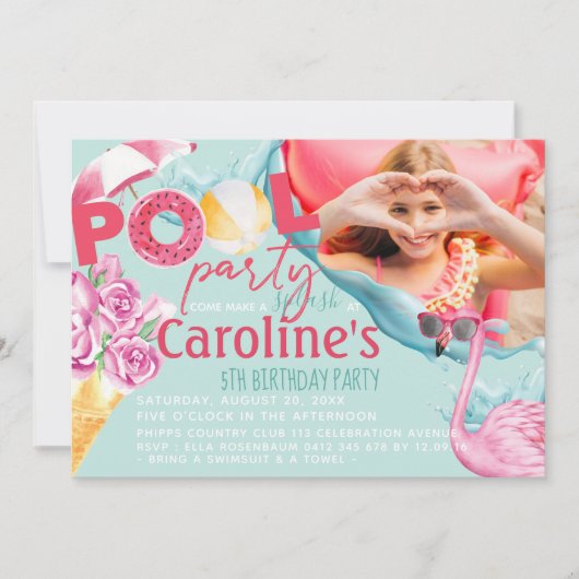 ガールズフォトプールパーティー誕生日 招待状 (正面)