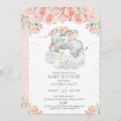 ガールズフローラスリーピングエレファントベビーシャワー 招待状 (正面/裏面)