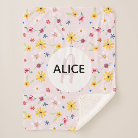 ガールズフローラピンクフラワー&ネームモノグラムキッズ シェルパブランケット (正面)