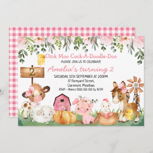 ガールズフローラファーミヤードシーン誕生日 招待状 (正面/裏面)