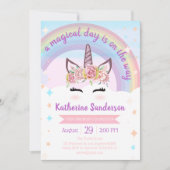 ガールズフローラマジカルユニコーン顔レインボー誕生日 招待状 (正面)