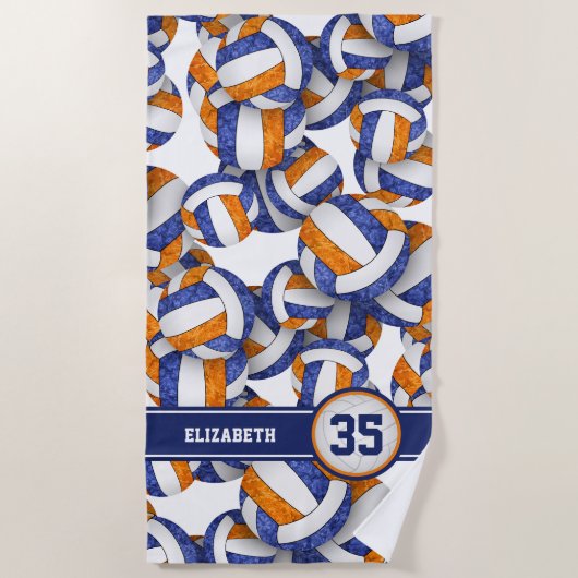 ガールズブルーのオレンジ色のバレーボールパターンパーソナライズされた ビーチタオル (正面)