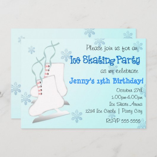ガールズブルーアイススケートで滑るスケートスノーフレーク招待状 招待状 (正面/裏面)