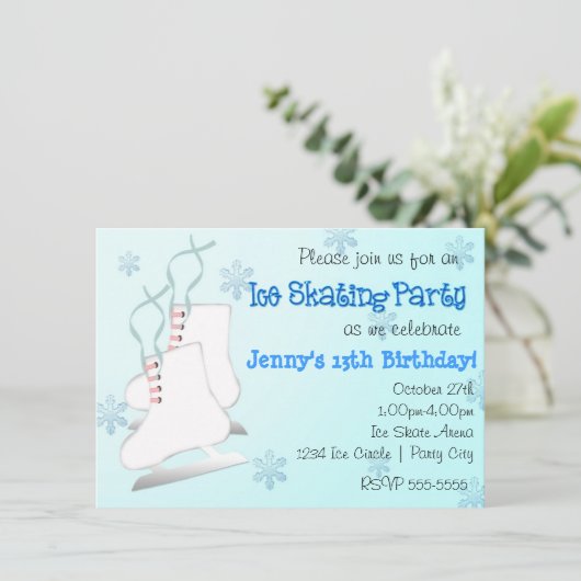 ガールズブルーアイススケートで滑るスケートスノーフレーク招待状 招待状 (スタンド正面)